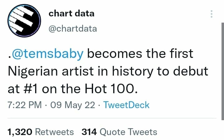 Tems hots number one on Hot 100