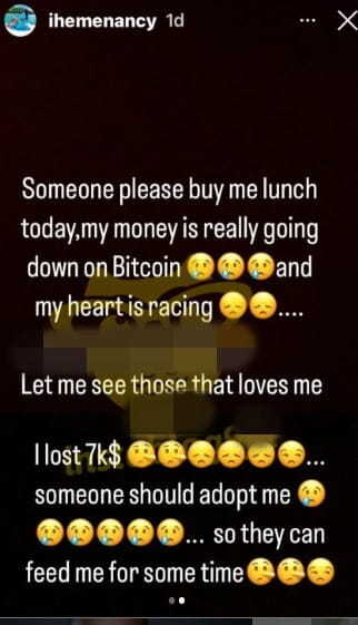 Iheme Nancy (Nollywood Actress) Cries Out As She Loses $7k In BTC Crash