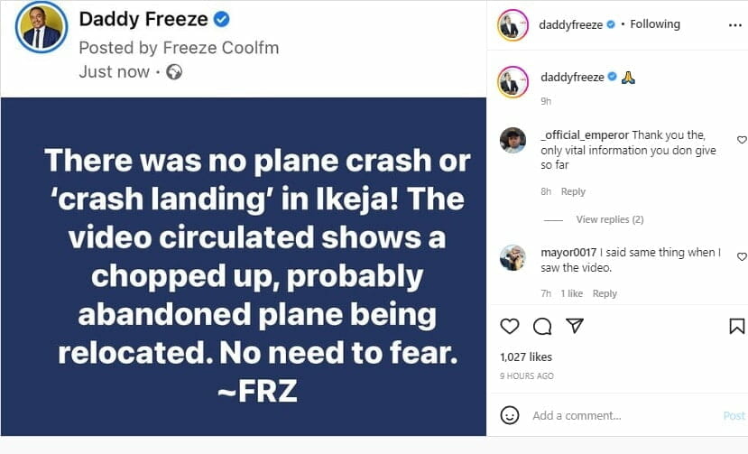 There was no plane crash or crash landing in Ikeja – Daddy Freeze clears the air
