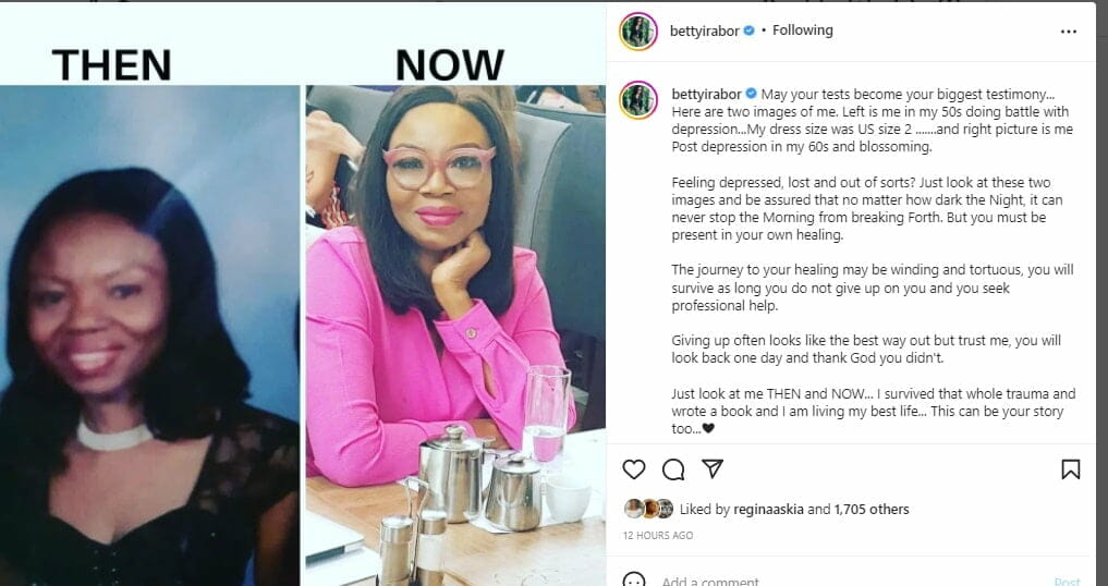Betty Irabor during and after depression