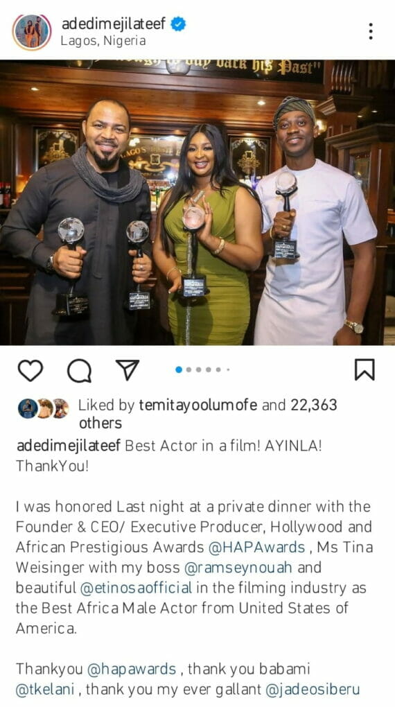 Actor Lateef Adedimeji bags ‘Best African Male Actor’ award