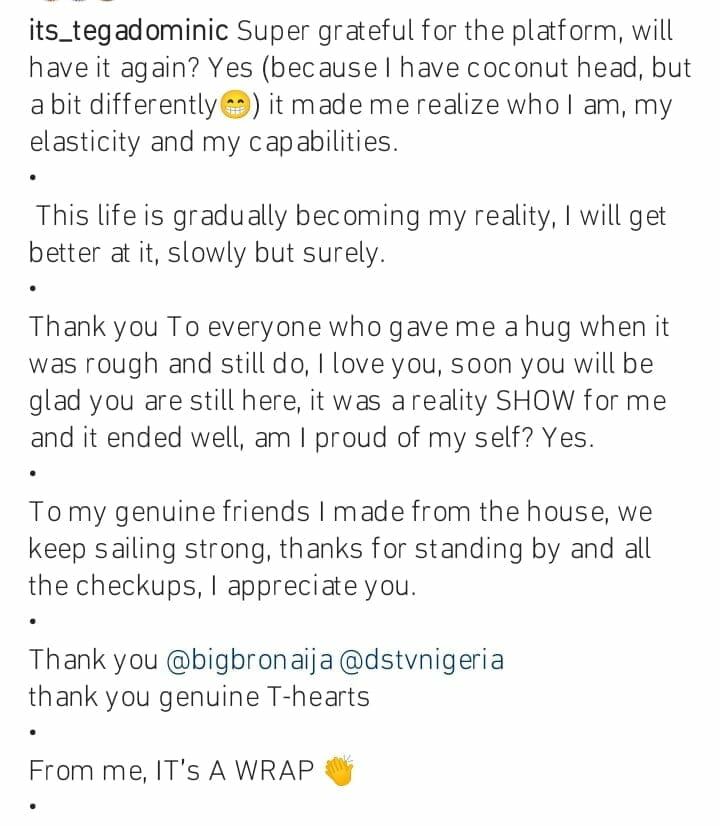 Tega Dominic pens appreciation post to BBN