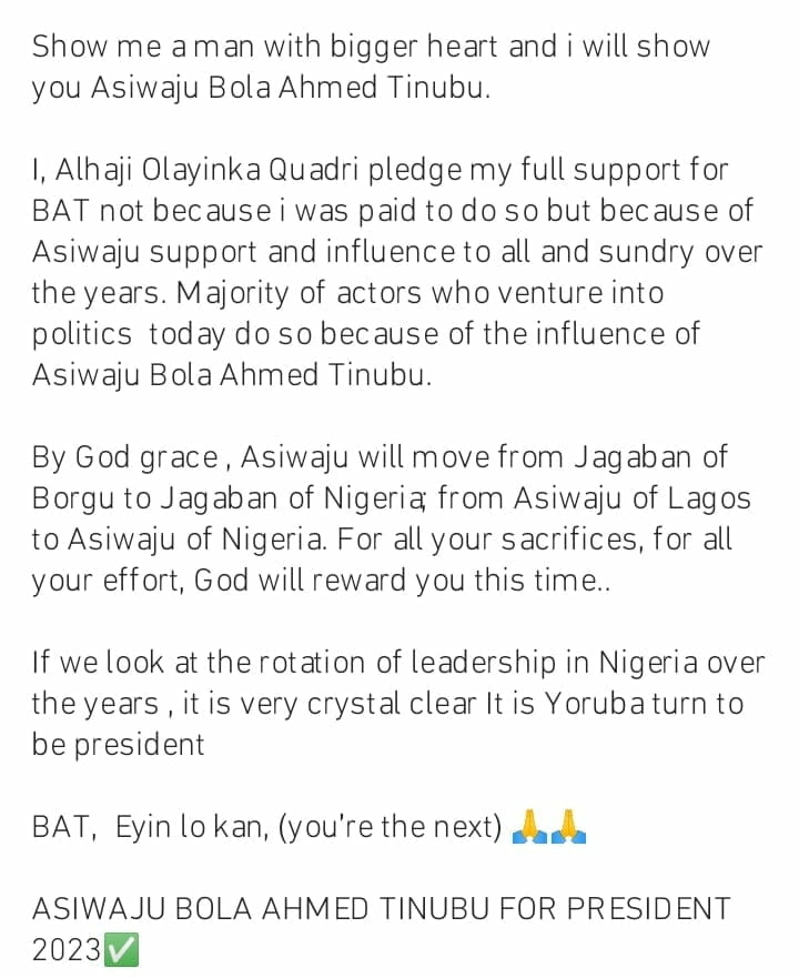 Yinka Quadri campaigns for Bola Ahmed Tinubu