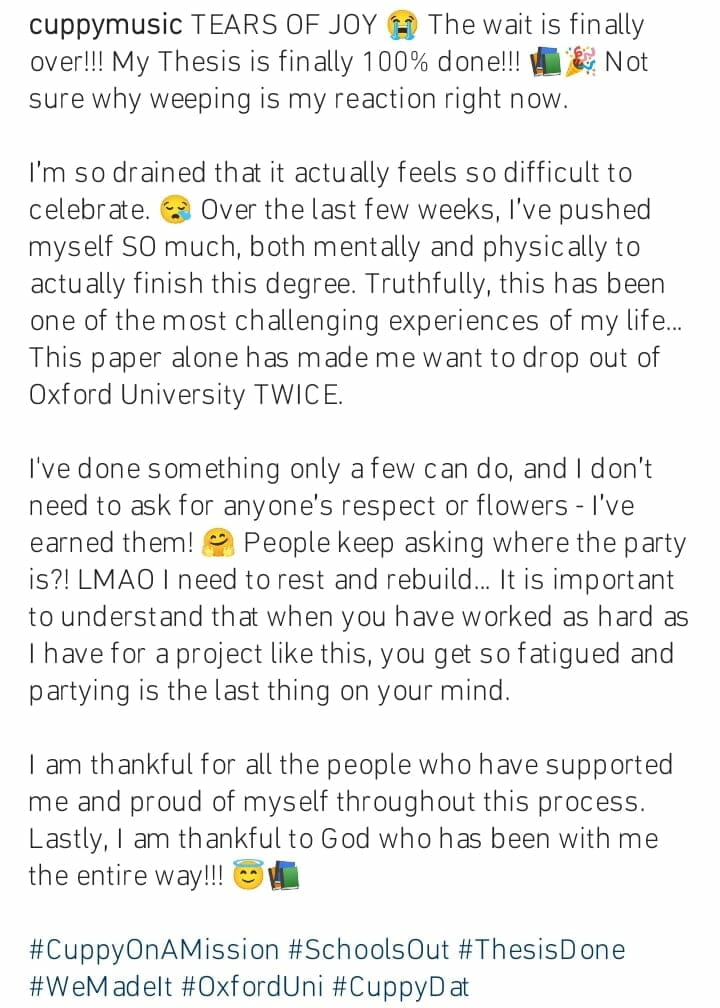 Dj Cuppy finishes her Thesis
