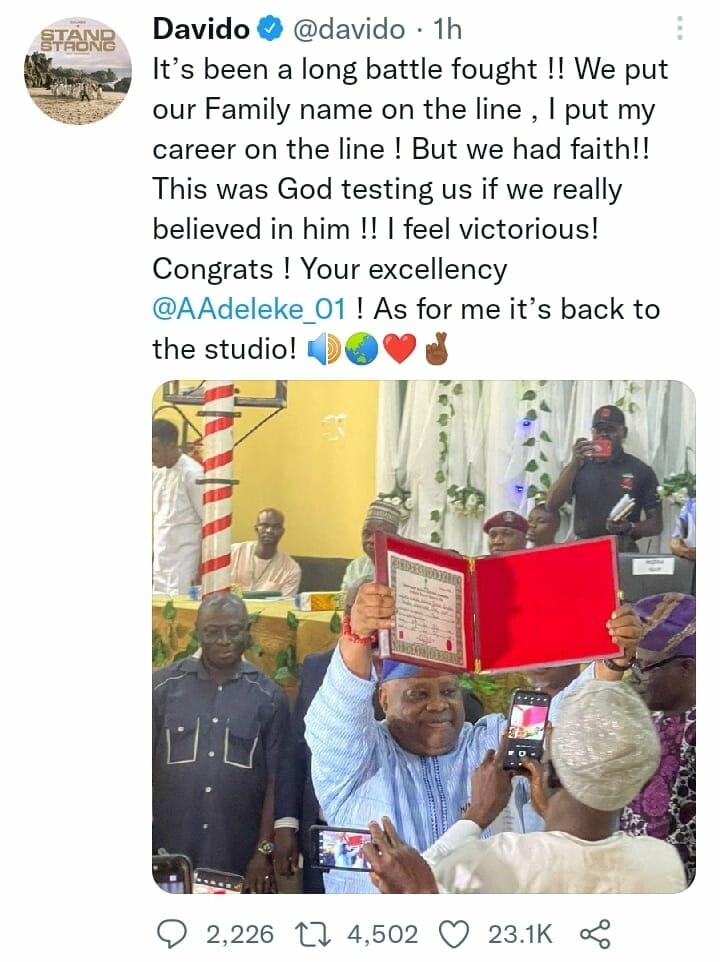 Davido celebrates his uncle return of certificate