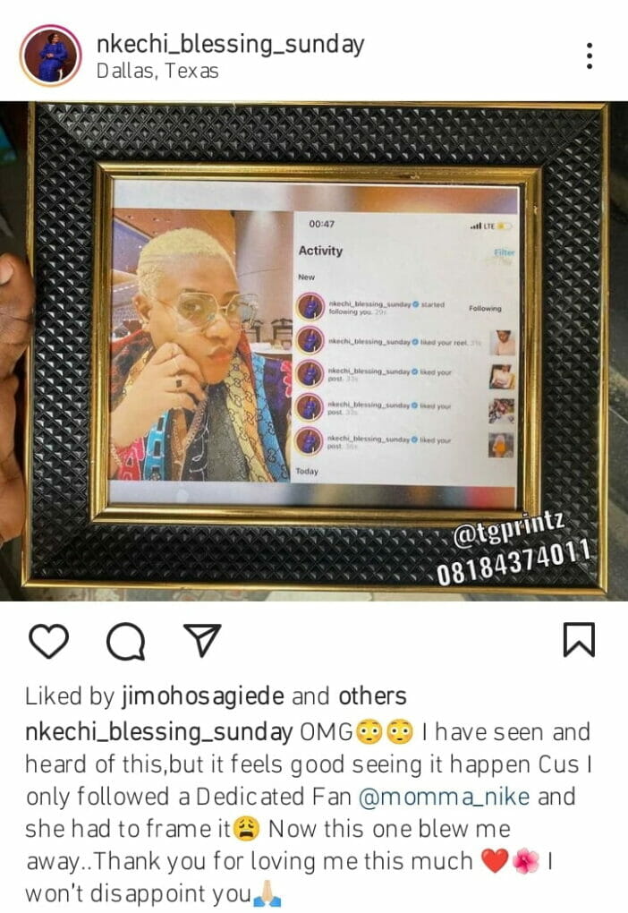 Fan makes a frame of Nkechi Blessing