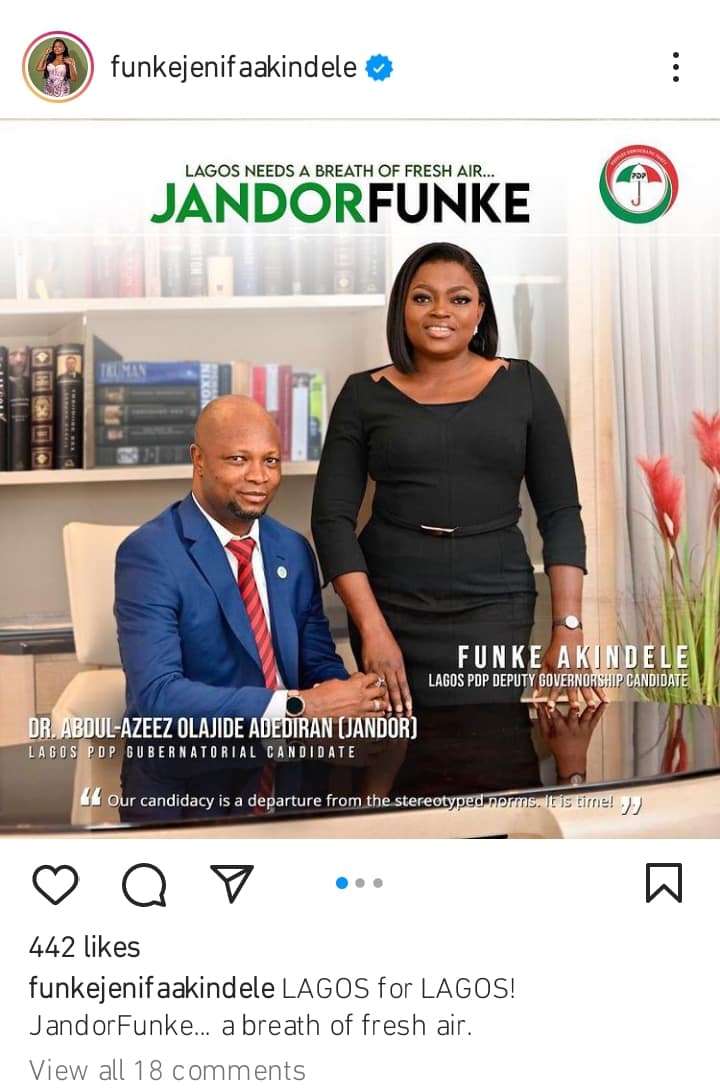 “Breath of fresh air” Funke Akindele ditches husband’s surname, “Bello” as she unveils political posters