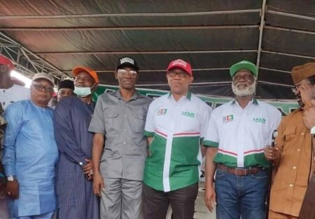 Peter Obi (third from right) with Osun Labour Party governorship candidate, Lasun Yusuff (second from right) at the party's rally in Osogbo, Osun State