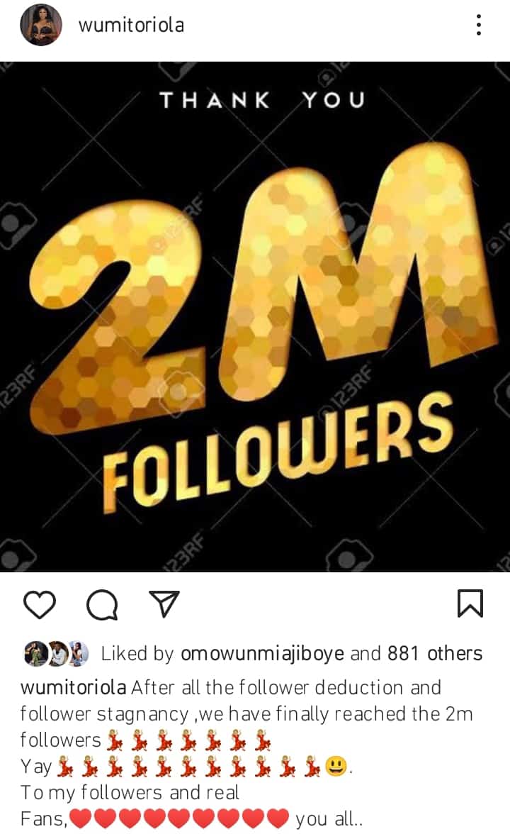 Wumi Toriola hits 2m followers
