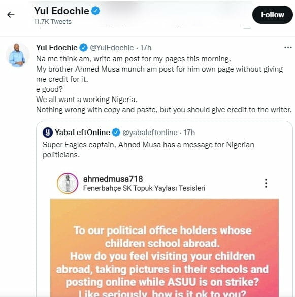 Yul Edochie calls out Ahmed Musa