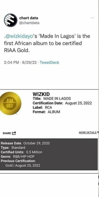Wizkid's Made In Lagos album certified RIAA Gold