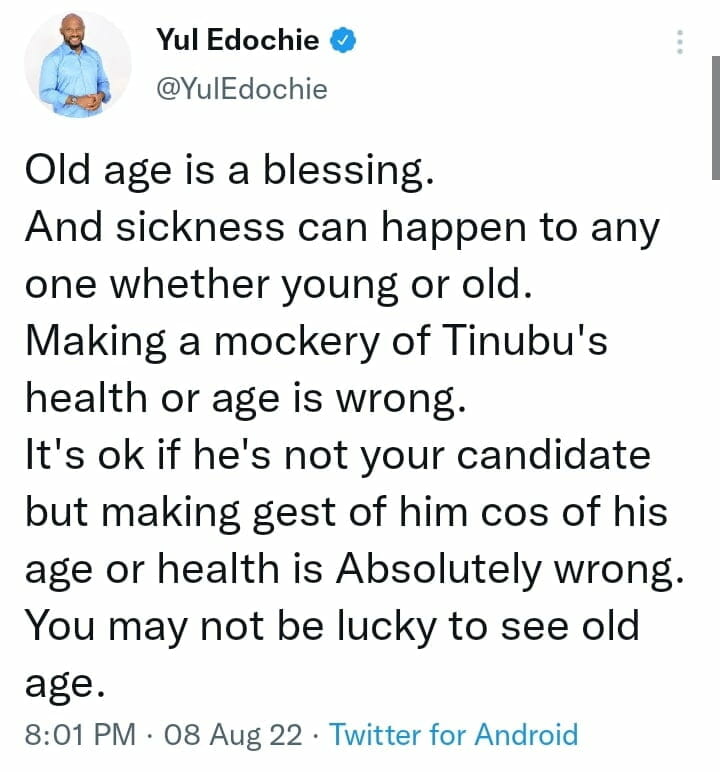 Yul Edochie slams Nigerians mocking Tinubu's health