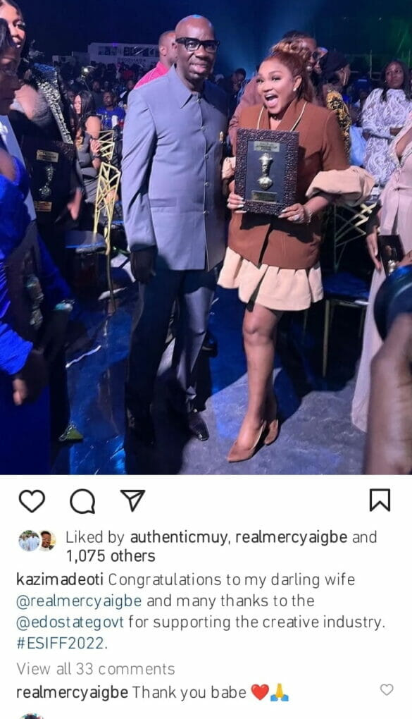 Edo State government honors Mercy Aigbe