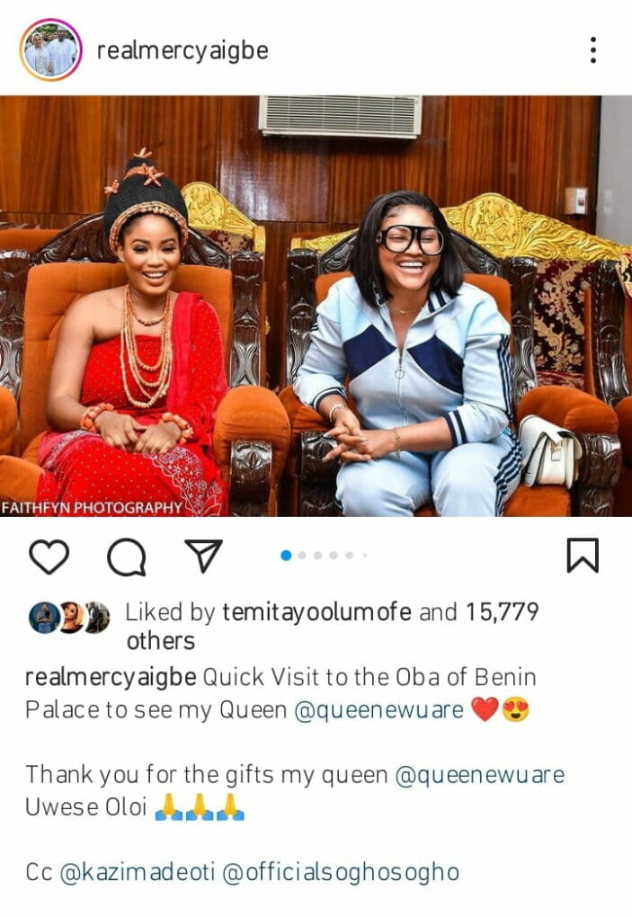 Mercy Aigbe visits Oba of Benin Palace