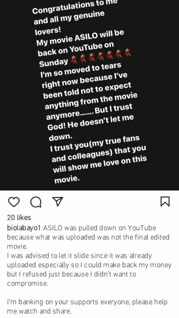 Biola Bayo's movie ASILO pulled down