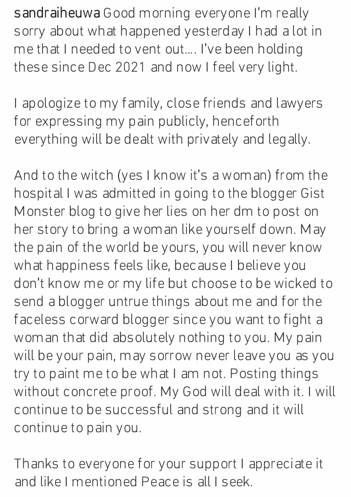 Sandra Iheuwa apologises