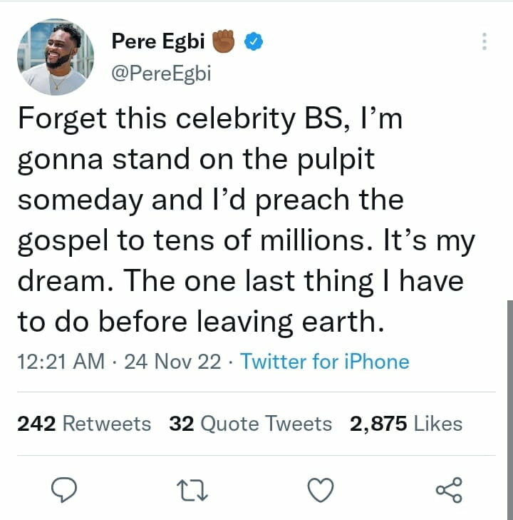 Pere Egbi plans to preach the gospel
