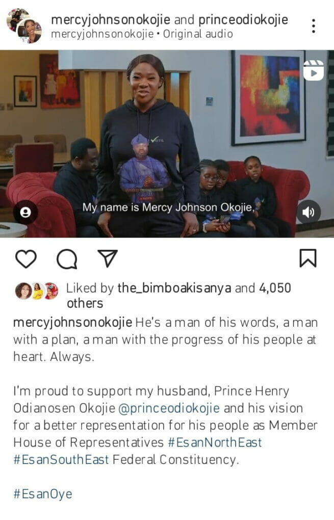 Mercy Johnson declares political support for husband