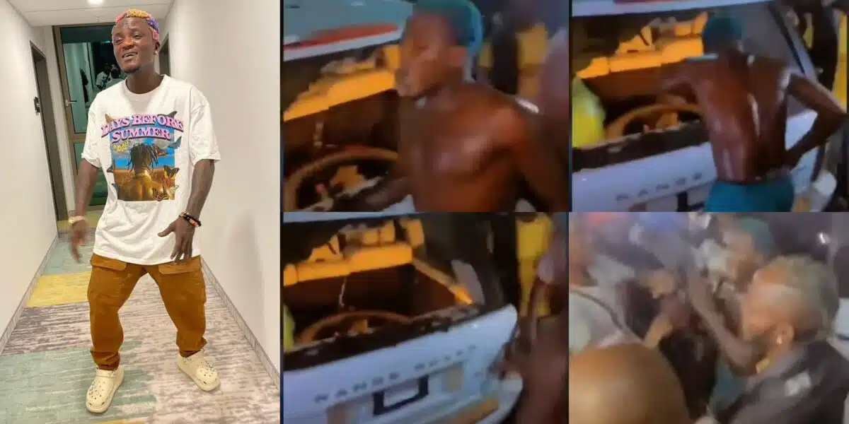 Singer Portable causes commotion as his Range Rover gets vandalized in Ijegun, Lagos State (Video)
