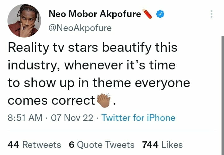 Neo Akpofure praises BBNaija's stars