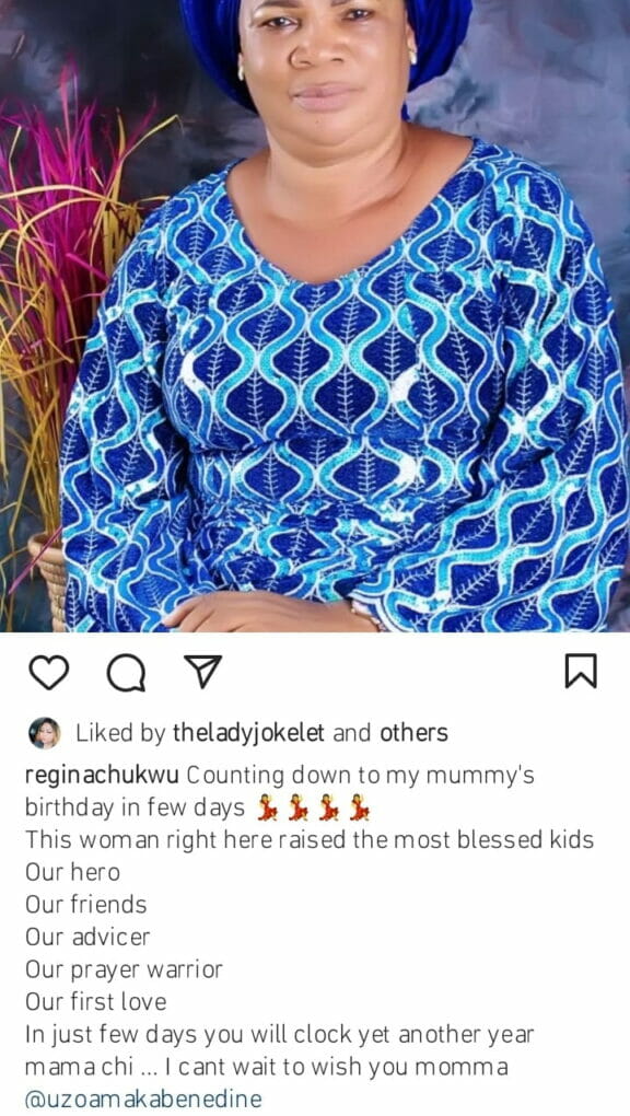 Regina Chukwu countdowns to mother's birthday