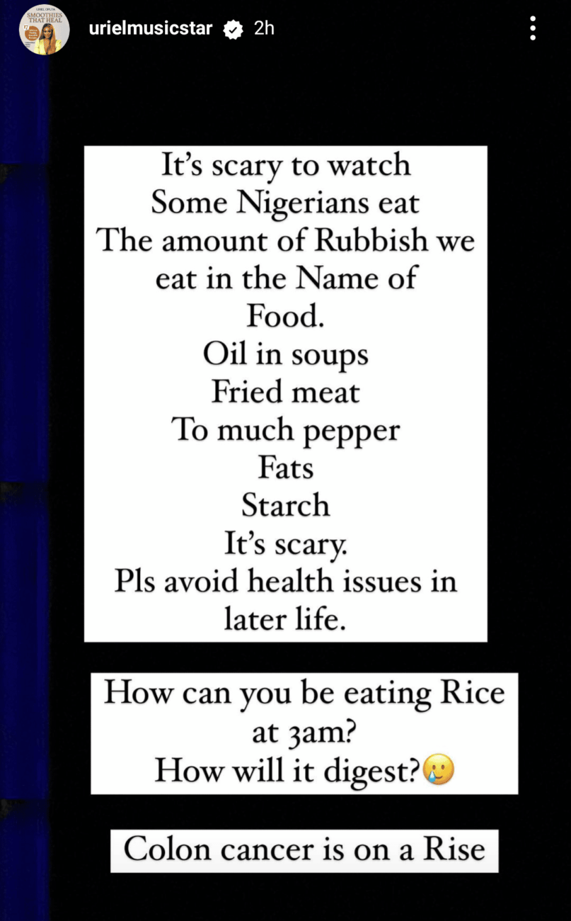 Uriel Oputa has issued a public warning to Nigerians about their eating habits and their side effects