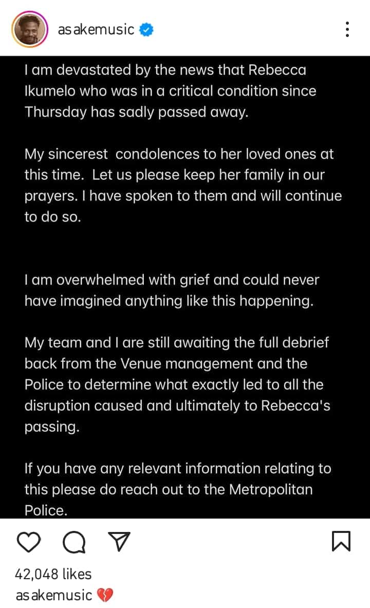 Asake statement following fans death