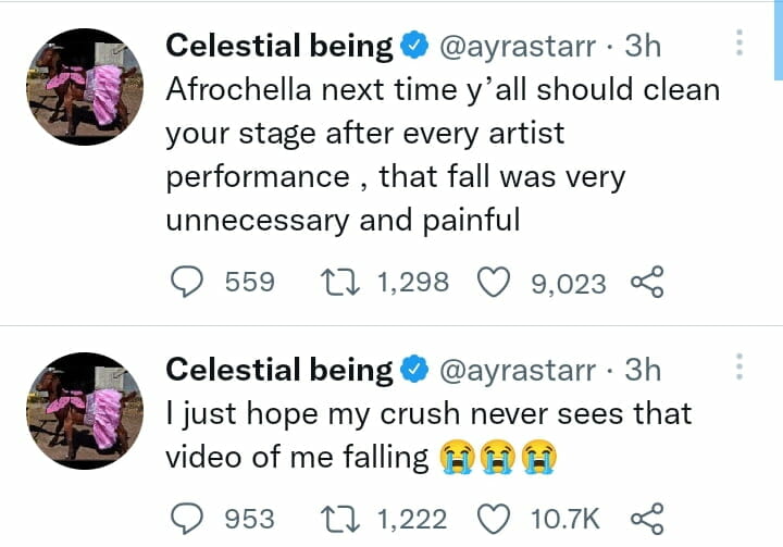 Ayra Starr reacts to her fall at AfroChella stage