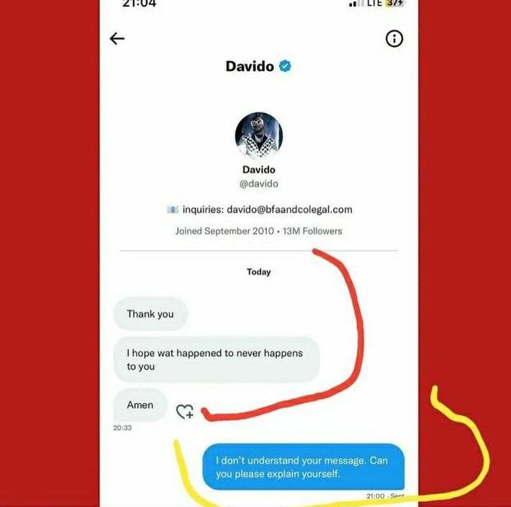 Davido reacts as tweep blames him for Ifeanyi's death