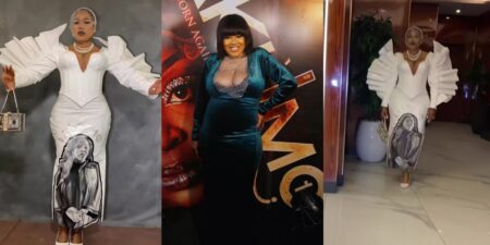 Toyin Abraham react as Toyin Abraham wears outfit with her face