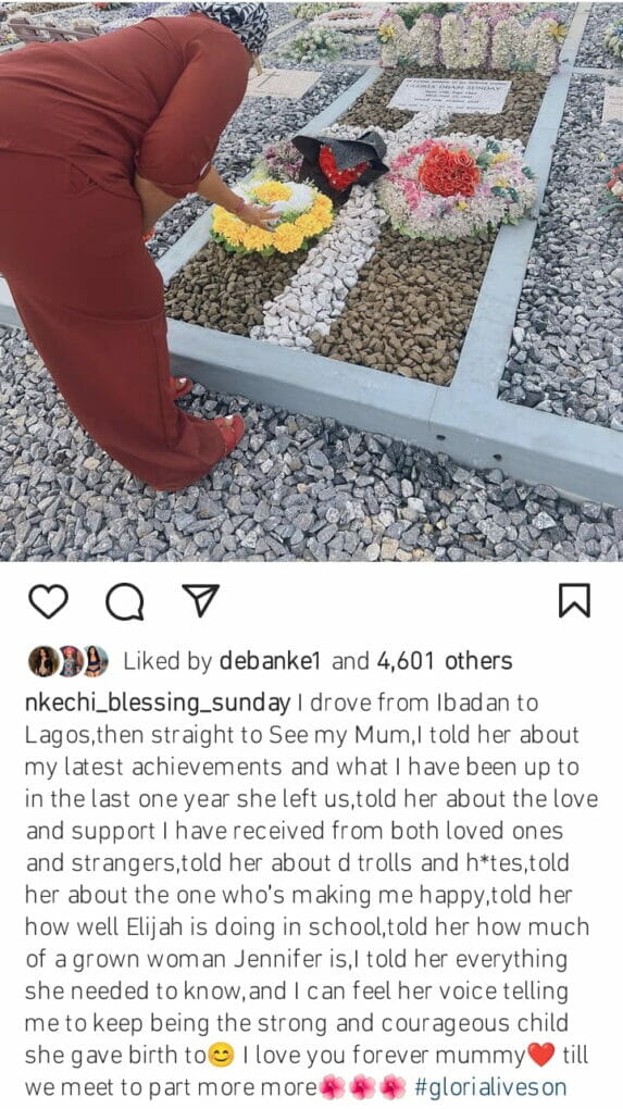 Nkechi Blessing visits mother's graveside