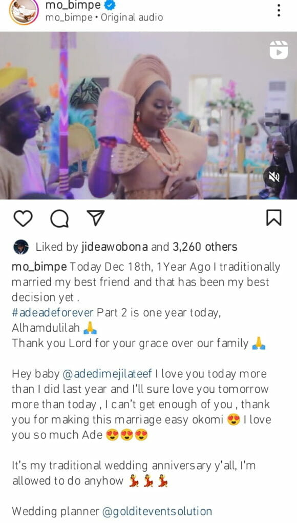 Mo Bimpe and wife celebrate first tradiversary