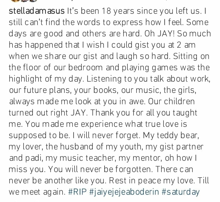 Stella Damasus marks 18years remeberance of Jaiye Aboderin