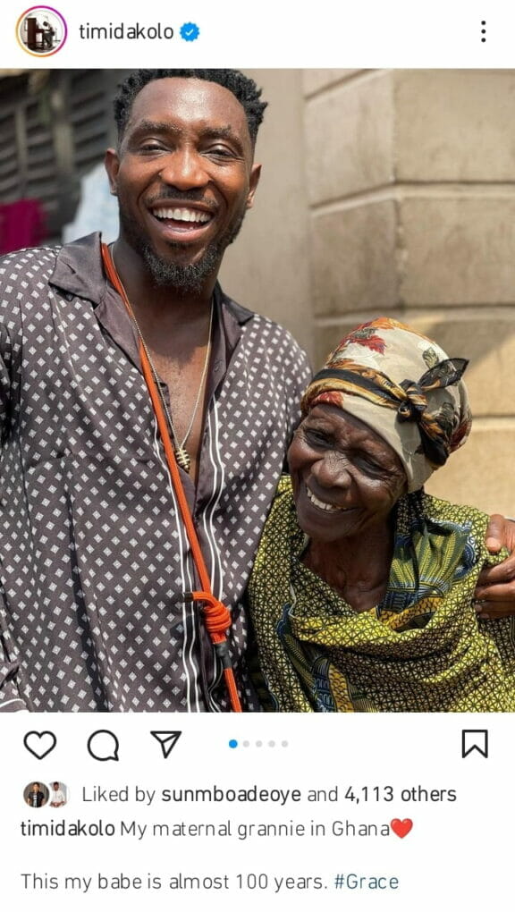 Timi Dakolo shows off his almost 100years old grandmother