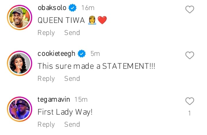 Celebrities react to Tiwa Savage iconic look to BFA