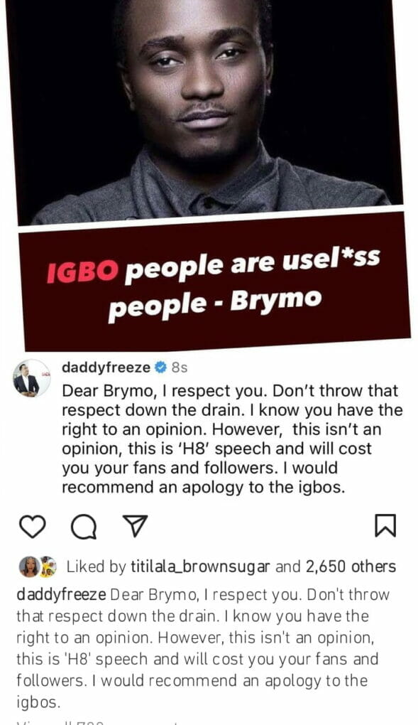 Daddy Freeze demands Brymo apologises to igbos
