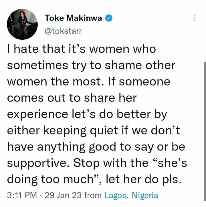 Toke Makinwa sends message to her gender on domestic violence