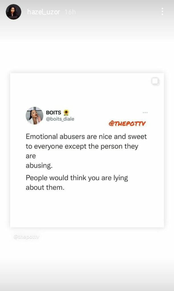 Uzoamaka shares cryptic post on emotional abusers