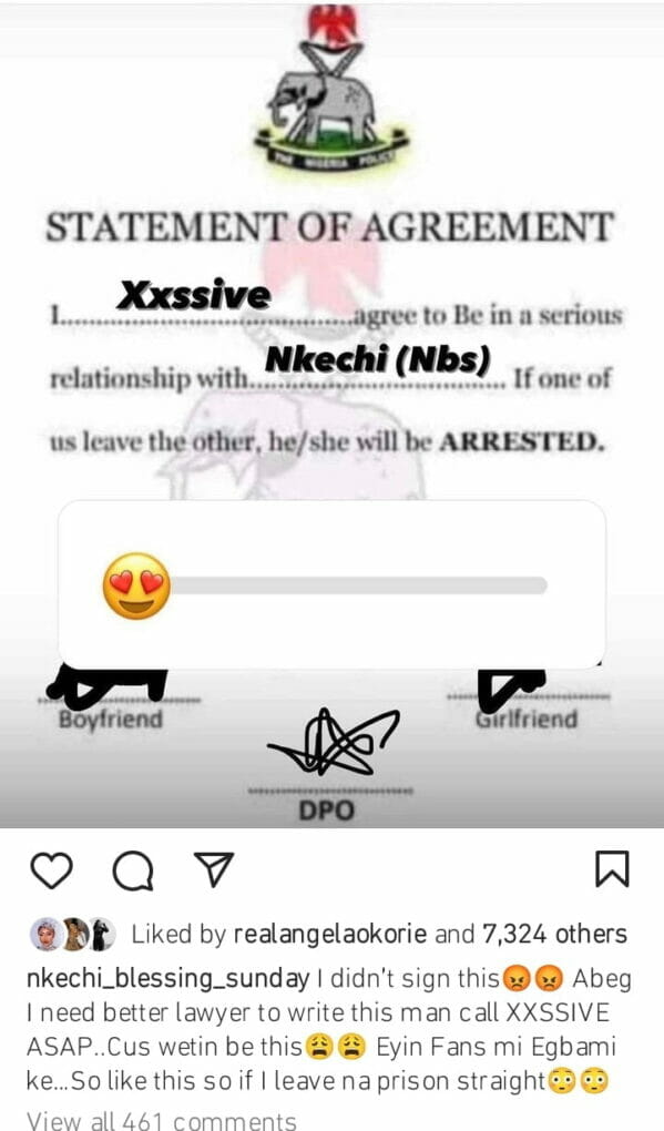 Nkechi Blessing and boyfriend sign statement of agreement