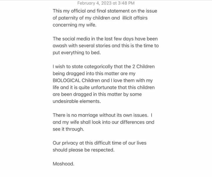 Mosh releases statement on paternity scandal Kemi Filani blog