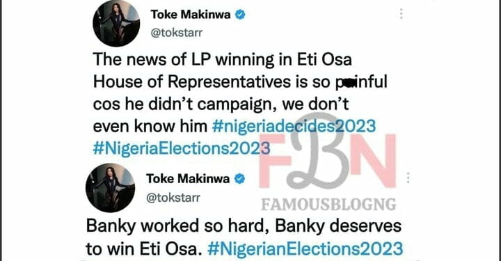 Toke Makinwa reacts to Banky W's loss