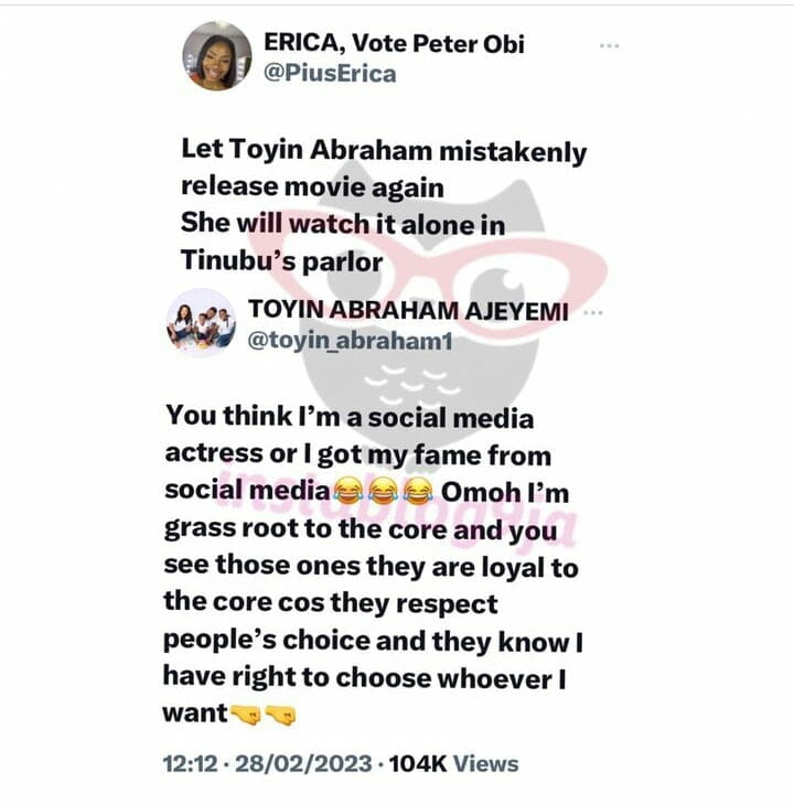 Toyin Abraham replies lady over her presidential choice 