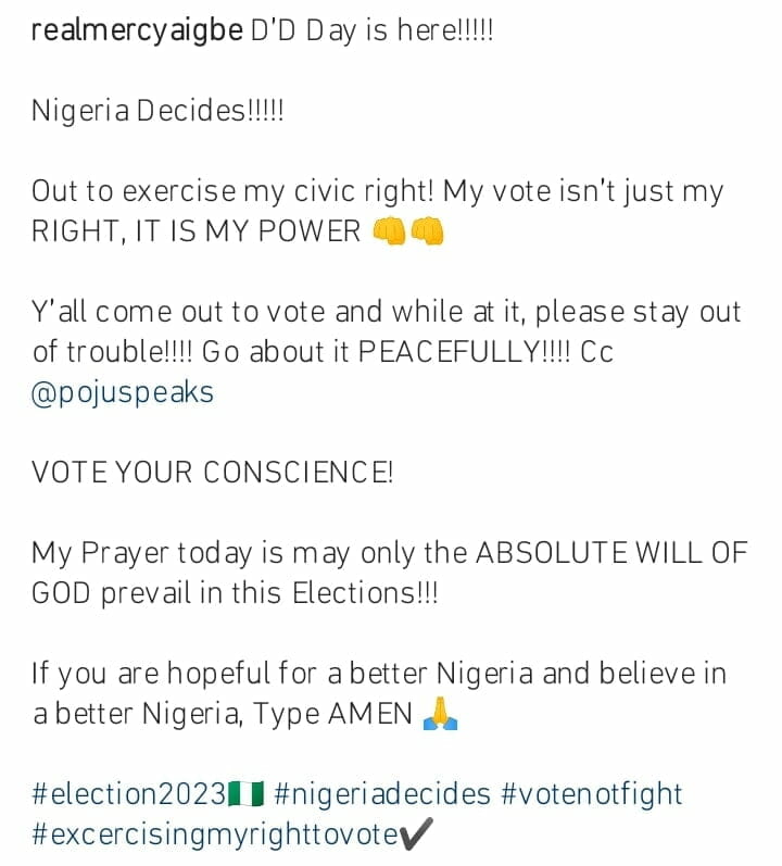 Mercy Aigbe storms polling unit