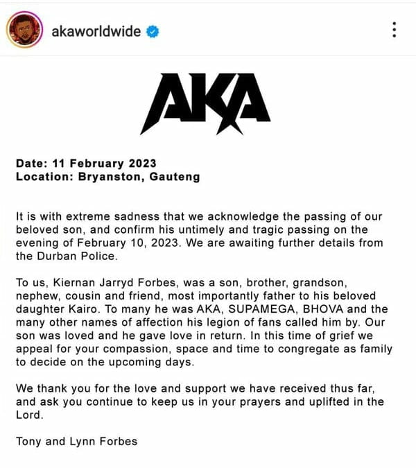 AKA's family releases statement