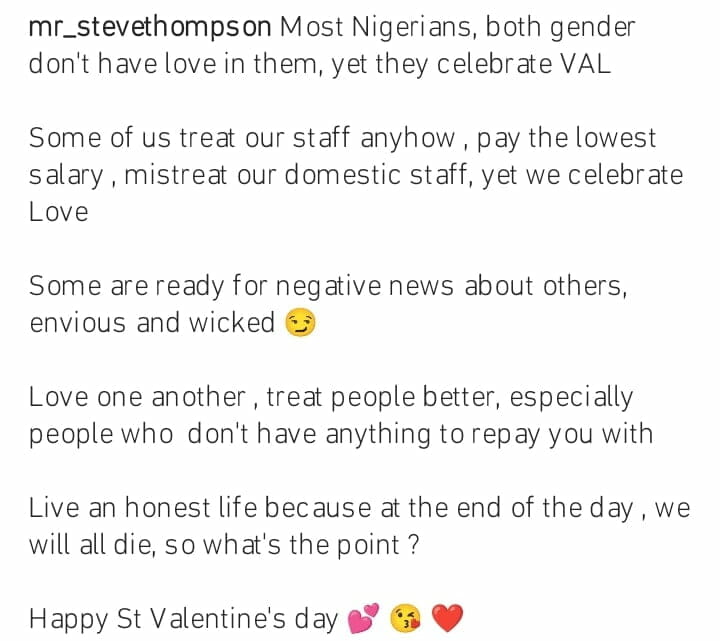 Sandra Iheuwa slams Steve Thompson for his valentine message