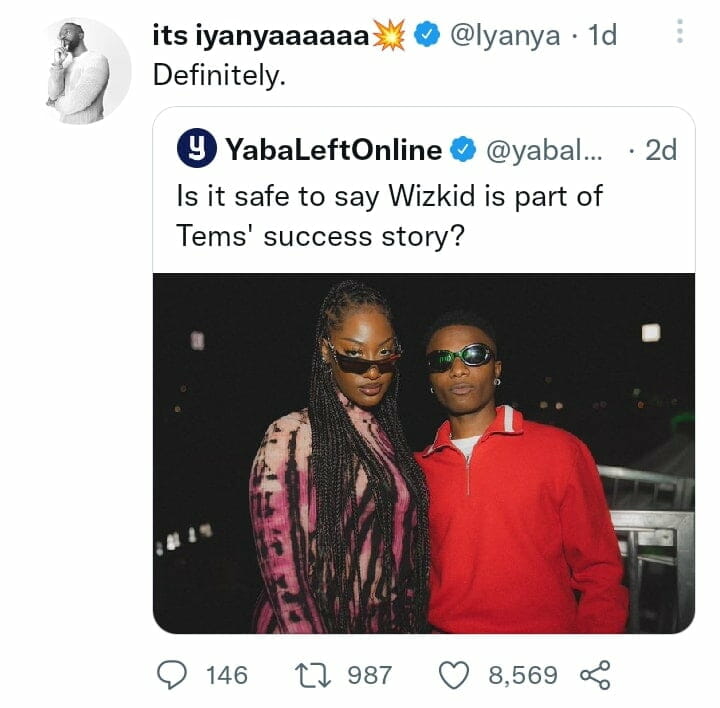 Iyanya ascribes Tems success to Wizkid