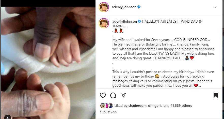 Actor Adeniyi Jones welcomes twins with wife after seven years of waiting