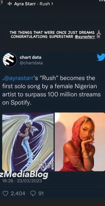Ayra Starr' Rush hits 100m streams on Spotify