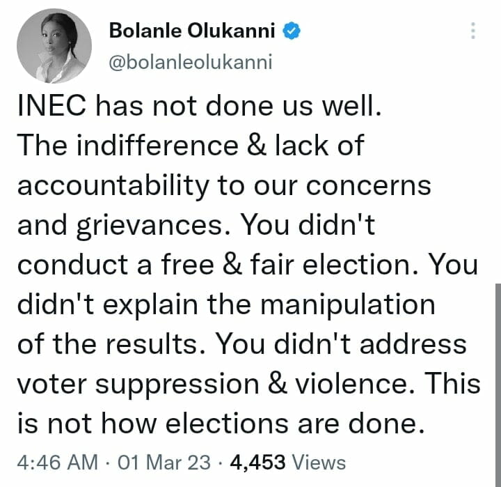 Bolanle Olukanni on CNN said the election wasn't free and fair