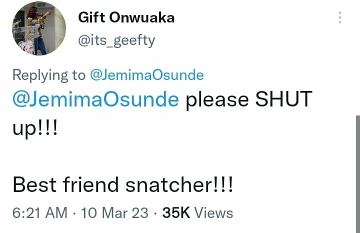 Jemima Osunde replies critic who labelled her a best friend snatcher
